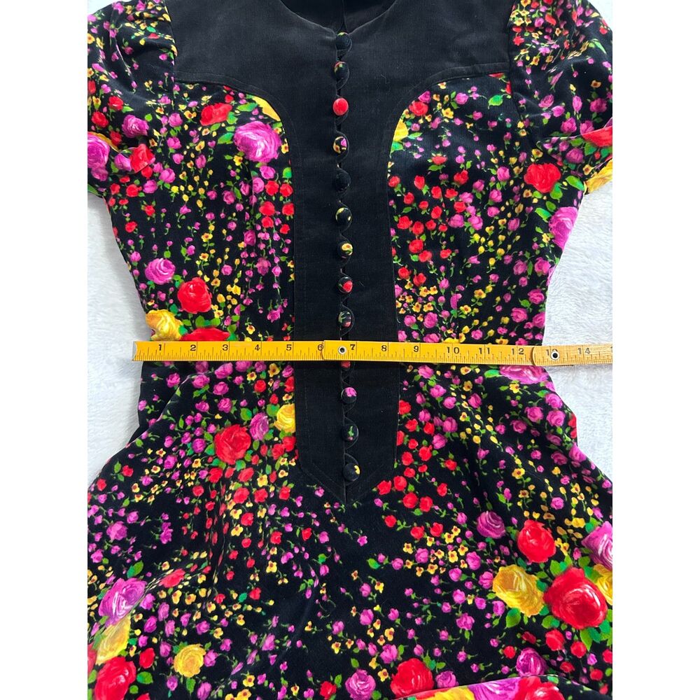 Vintage 70s Orphee Paris Floral Velvet Mini Dress XS Black French Mod Psych - Picture 15 of 16